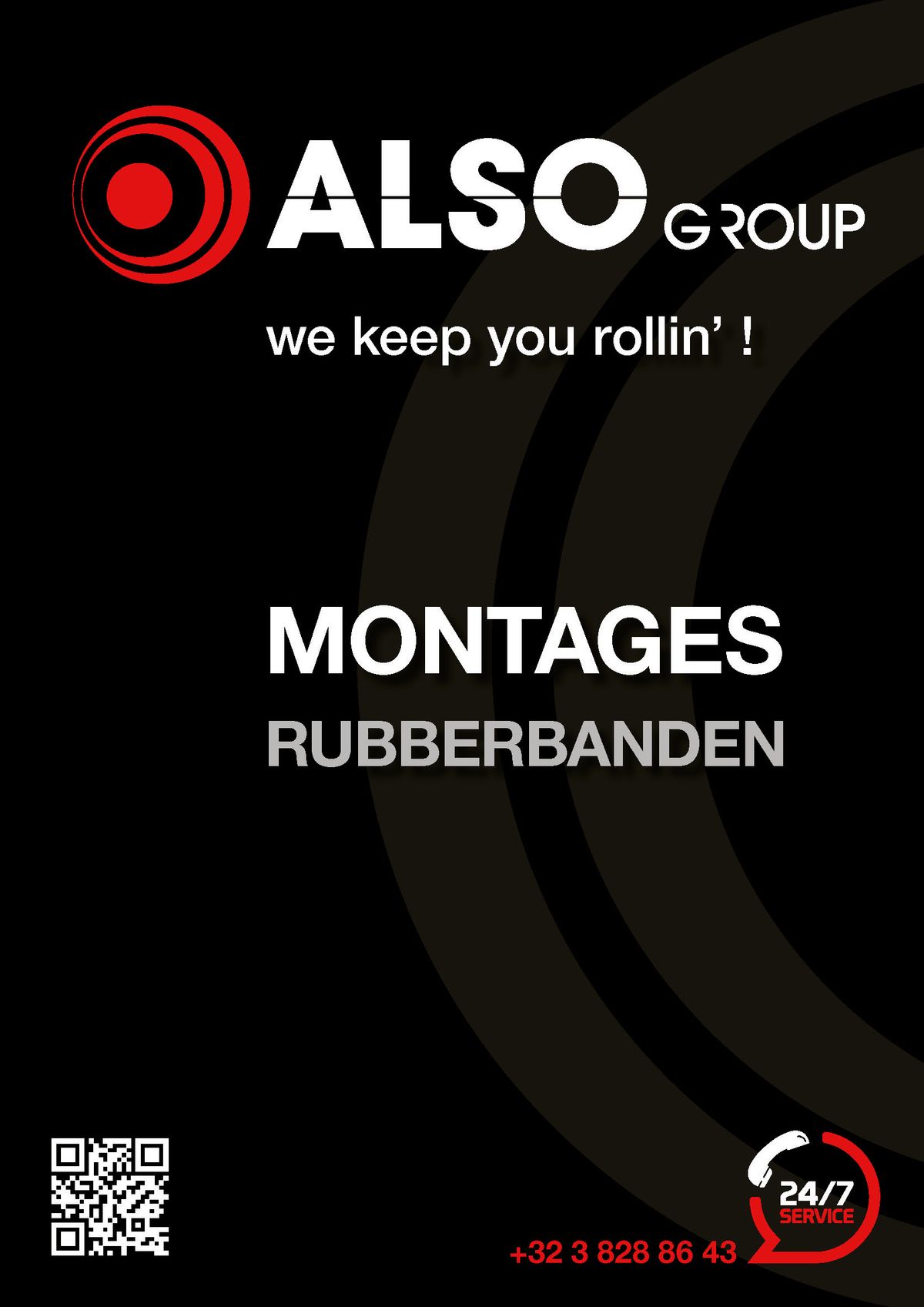Omslag brochure "Montages rubberbanden" van ALSO Group, met 24/7 service en telefoonnummer +32 3 828 86 43