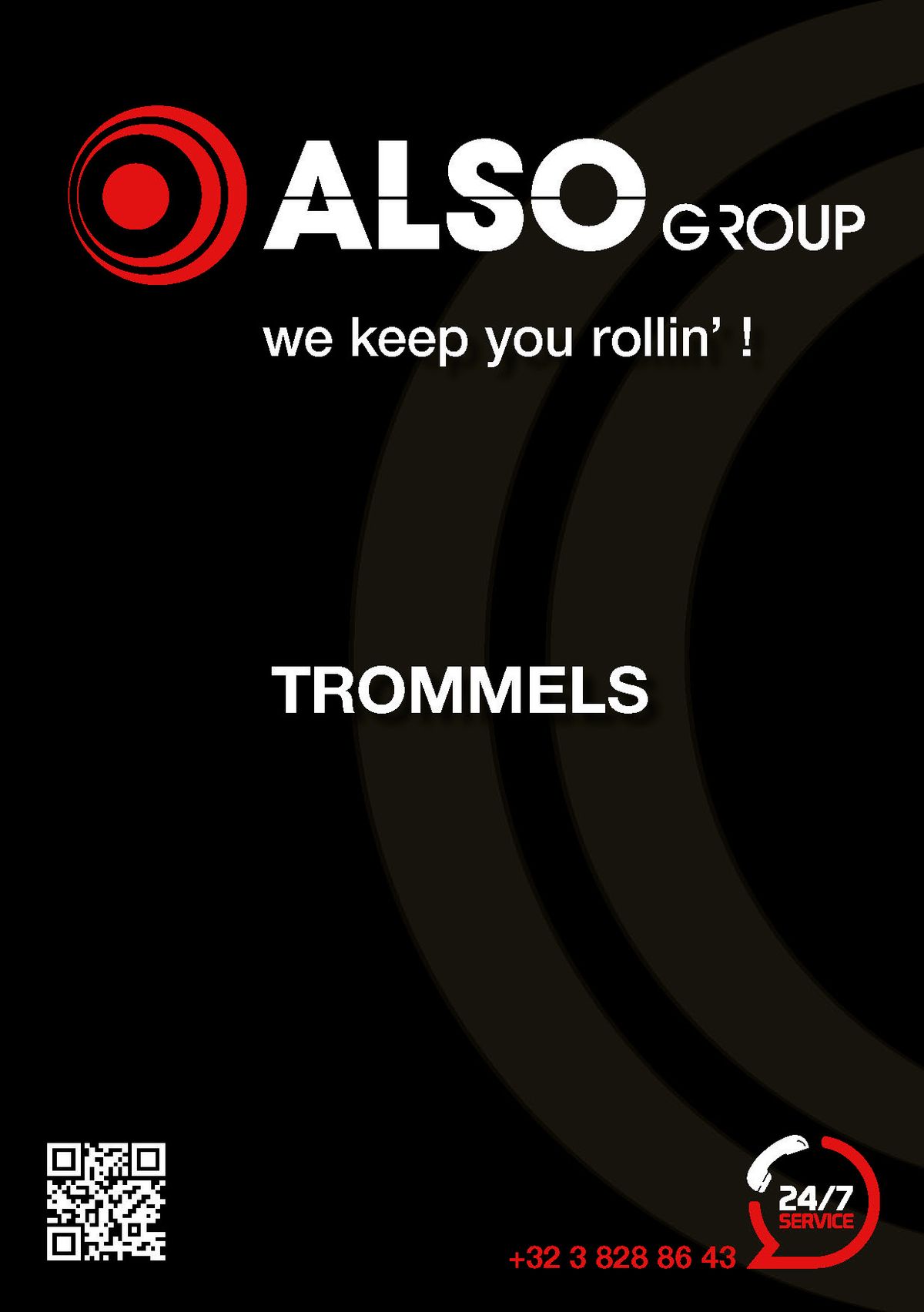 Omslag brochure "Trommels" van ALSO Group, met 24/7 service en telefoonnummer +32 3 828 86 43